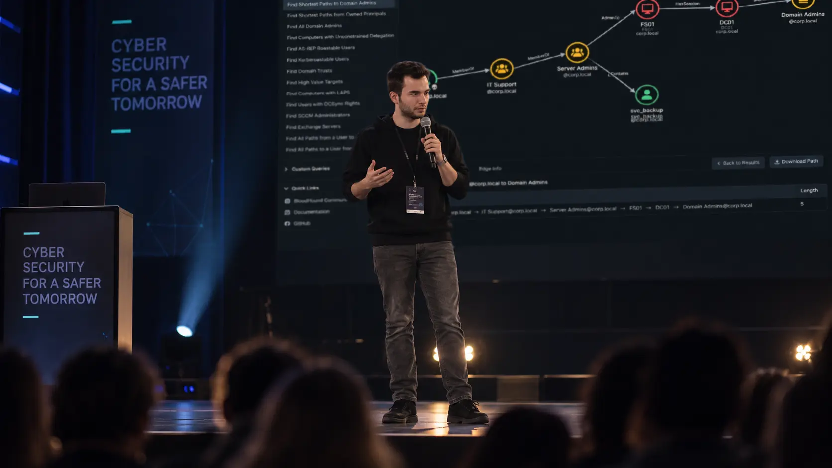 Petre Radu Cătălin presenting on stage at a cybersecurity conference